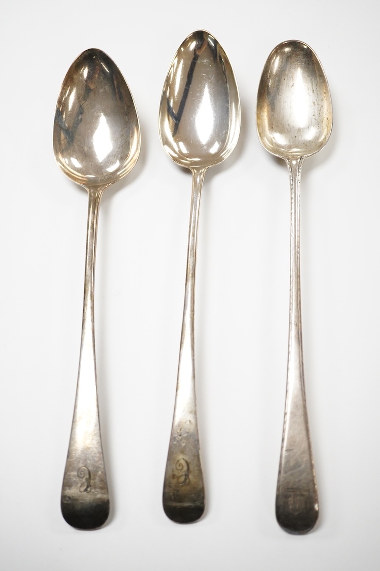 Three George III silver old English pattern basting spoons, William Fearn, London, 1776, Robert Gaze, London 1801 and Eley & Fearn London 1805, longest approx. 29.5cm, 9.9oz.
